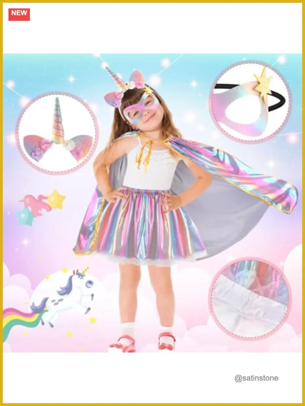 Rainbow Unicorn Tutu Skirt Set with Cape Headband Mask for Girls Princess Dress